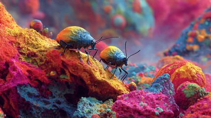 Macro shot of two iridescent bugs on a vibrant, textured alien-like landscape with vivid pink, orange, and blue formations.