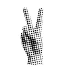 Halftone dot pattern of a hand making a peace sign
