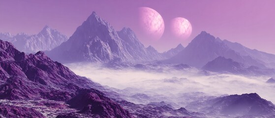 Otherworldly purple mountain landscape with misty valleys and twin pink planets in the sky