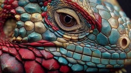 Colorful iguana displaying vibrant scales, close-up of reptile showcasing intricate texture and unique patterns, ideal for nature themes.
