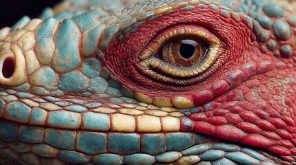 Colorful iguana close-up, vibrant turquoise and red scales, detailed textures, nature's beauty highlighted against dark backdrop.