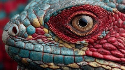 Vibrant reptile close-up, colorful patterned lizard showcasing intricate scales and striking eyes, perfect for nature themes.