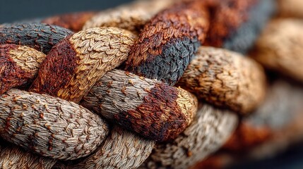 Textured braided rope, close-up details of woven fibers and natural colors, ideal for illustrating strength and durability.