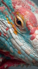 Colorful chameleon close-up, vibrant hues and textured skin showcasing nature's beauty, ideal for wildlife themes or education.