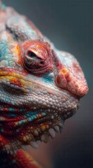 Colorful iguana head close-up, vibrant scales with striking patterns, nature theme, perfect for wildlife education content.