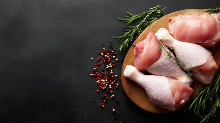 Fresh chicken drumsticks sit on a wooden board. Surrounding them are colorful peppercorns and sprigs of rosemary. Perfect for cooking enthusiasts and food lovers. AI