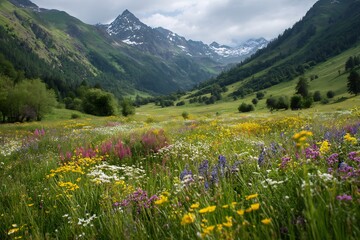 Colorful Wildflower Meadow in an Alpine Mountain Valley with Majestic Green Peaks and Snow Patches Under a Cloudy Sky