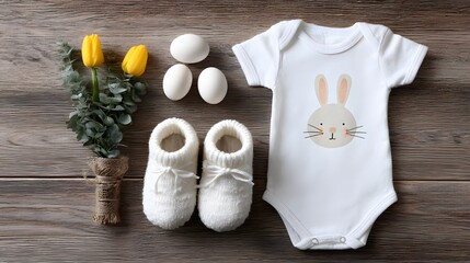 White baby clothes with a cute bunny design, Easter theme, cozy and adorable outfit for newborns, perfect for spring celebrations, holiday photos, and festive nursery decoration