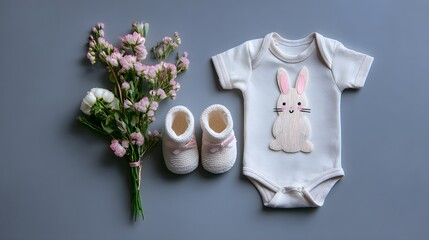 White baby clothes with a cute bunny design, Easter theme, cozy and adorable outfit for newborns, perfect for spring celebrations, holiday photos, and festive nursery decoration