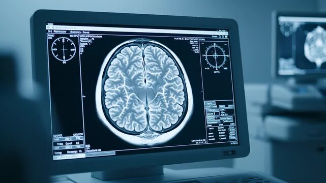 A brain scan appears on the monitor, showing detailed images of the brain. Another monitor displays brain data, highlighting the brain's structure in the medical setting. - Powered by Adobe