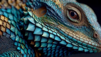 Colorful lizard with intricate scales, detailed close-up captures vibrant hues and textures, suitable for nature themes.
