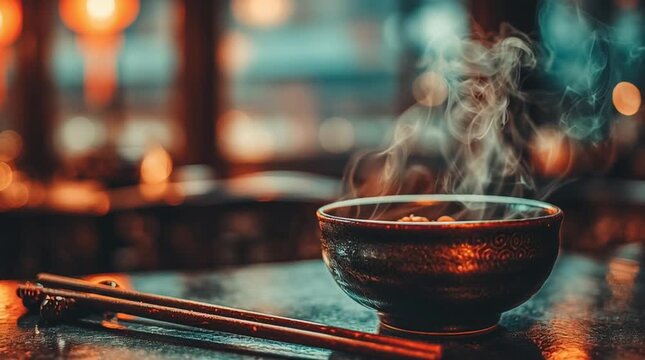 Steaming bowl of oriental hot food and chopsticks resting on a restaurant table