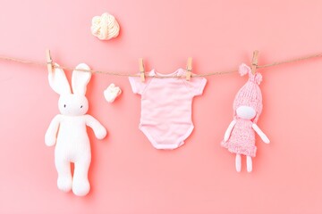 Baby clothes hanging on a clothesline with soft pastel blue and pink tones, surrounded by cute stuffed animals on a pink background, adorable nursery concept for newborn or baby shower theme