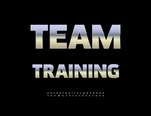 Vector Chrome icon Team Training. Digital Silver Font. Metallic Alphabet Letters and Numbers set.