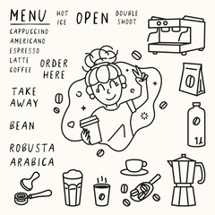 Illustration of cute girl holding tasty drink and hand peace sign outline hand drawn style for coffee cafe, menu, printing, label, shop. coffee element icon set