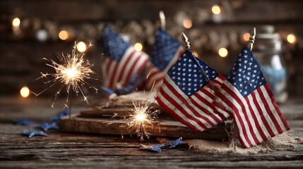 Patriotic American flags with sparklers on rustic wood for national holiday celebration