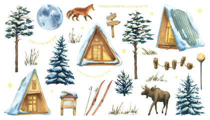 Large clipart set with cabins, fox, moose, moon, snowy pines, and winter forest elements, created as a hand-painted watercolor illustration, perfect for Christmas crafts and holiday decoration.