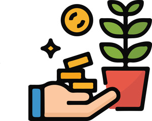 Financial Growth and Investment Illustration Depicting a Hand Holding Coins Near a Sprout in a Pot