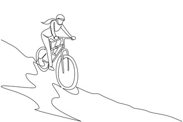 Continuous one line drawing a woman riding a trail bike down a hill with mountains in the background. Relying on extra focus. Biker. National Trails Day. Single line draw design vector illustration