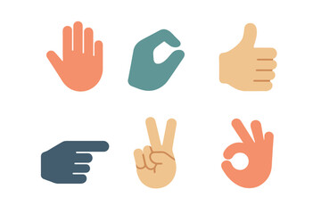 Set of diverse human hand gestures symbolizing communication approval and direction