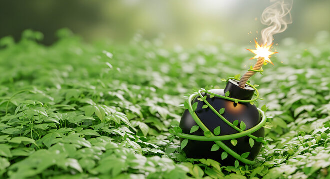 A digitally rendered image depicting a black, spherical bomb resting on a dense bed of vibrant green foliage.