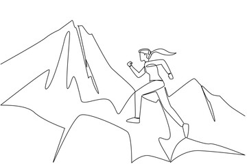 Single continuous line drawing a woman running jumping from one large rock to another with a mountain backdrop. Climb by running. Strong woman. National Trails Day. One line design vector illustration