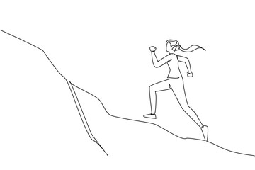 Single one line drawing a woman runs on a hilly track with a steep incline. Stretches stiff muscles. Routine activities. Training. National Trails Day. Continuous line design graphic illustration