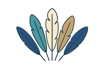 Decorative arrangement of five stylized feathers in earthy and cool tones