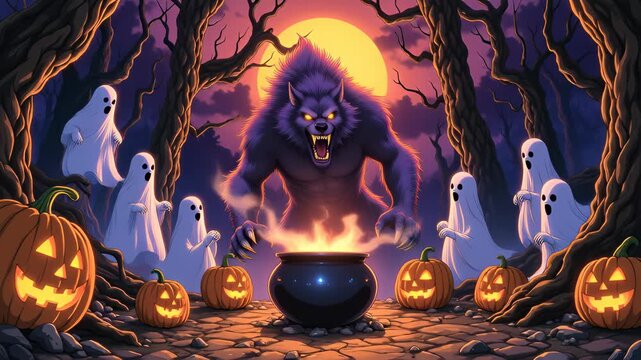 Spooky halloween werewolf and ghost gathering for fantasy night ritual in dark forest with glowing pumpkin