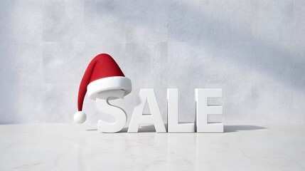 White letters forming the word SALE decorated with a red Santa hat on festive background, Christmas holiday shopping and winter discount concept for seasonal marketing, retail and advertising design