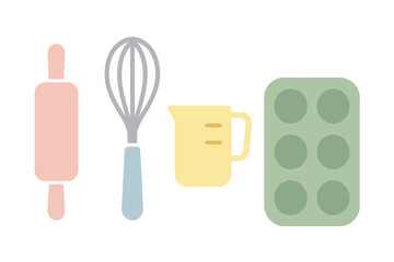 Fototapeta premium Essential baking tools collection including rolling pin whisk measuring cup and muffin tin