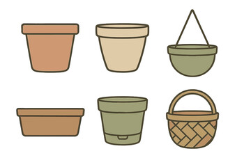 Collection of various flower pots and planters made of terracotta, plastic, and wicker