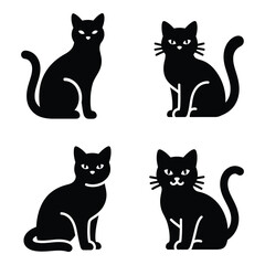 Four silhouettes of adorable black cats sitting posed in different styles and angles for festive halloween decorations silhouette