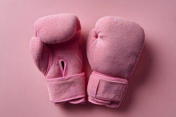 Pink boxing gloves with breast cancer awareness ribbon on soft pink background, symbol of strength, prevention and solidarity supporting health campaigns during Breast Cancer Awareness Month