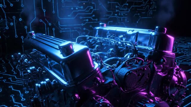 Neon Lit Engine Block with Circuit Background - A detailed engine block is illuminated with blue and pink neon lights against a dark circuit board-like background.