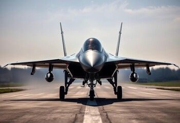 Sleek, silver fighter jet poised for takeoff on a runway,  tactical,  power