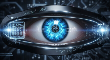 Futuristic cyborg eye with circuit board and glowing blue iris, representing artificial intelligence, technology, and the integration of humans and machines in a digital world