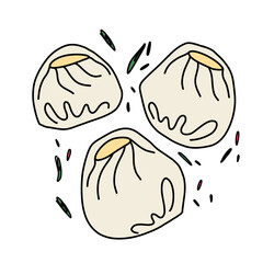 Illustration of Mongolian buuz with spices, dough dumplings with meat in doodle style