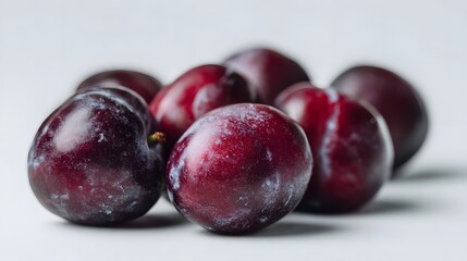 A pile of fresh ripe purple plums arranged on a clean white background with selective focus