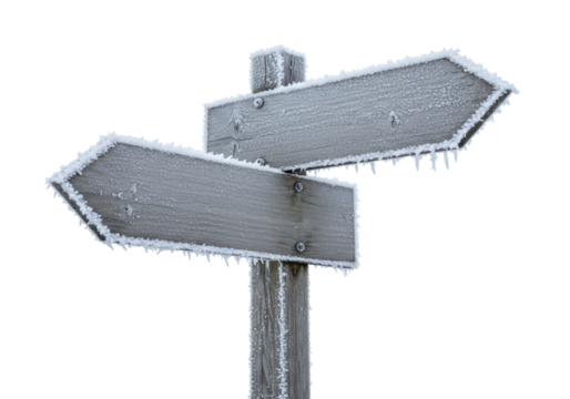 Isolated direction sign made of wood covered with ice crystals in winter pointing directions