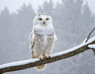 White winter owl perched on a tree branch in a winter snow landscape, beautiful wildlife winter wonderland with copy space snow bird, snowy owl on branch