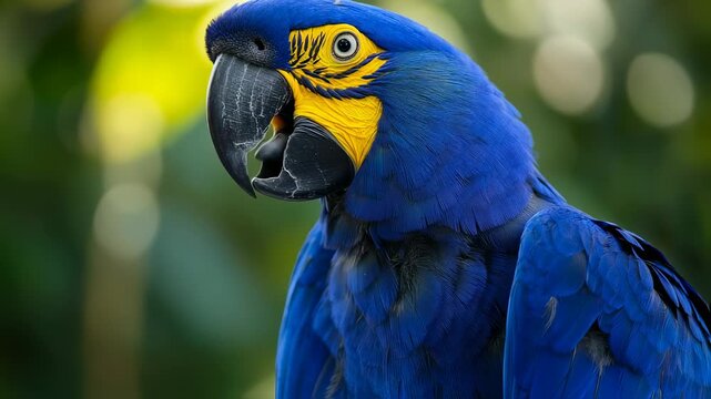 Vibrant Blue Plumage: Close-Up Portrait of a Majestic Hyacinth Macaw Parrot, Exotic Bird