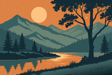 Stunning mountain vista with reflective lake, perfect for nature lovers, travel blogs, or scenic backgrounds, originally scalable vector graphic for flexible use