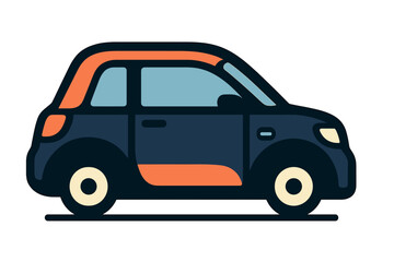 Obraz premium Stylized side view of a modern compact city car with dark blue body and orange accents