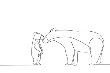 Single continuous line drawing baby black bear stands on its hind legs and kisses its mother. Greetings before hunting in the wild. Bond. National Black Bear Day. One line design vector illustration
