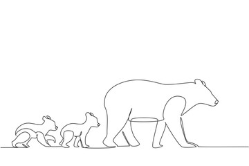 Single continuous line drawing mother black bear walking with 2 cubs walking following her mother behind. Teaching hunting. Predator. National Black Bear Day. One line design vector illustration