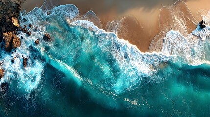 Fototapeta premium Epic aerial drone shot of a beautiful coastline with turquoise waves. The waves are breaking on a sandy beach, showing photorealistic foam and sand.
