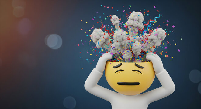 A cartoonish, 3D model emoji head exploding confetti elements and smoke, set against a soft blurry background.