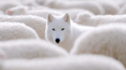 A white wolf stands out among a flock of fluffy sheep. The scene is calm and reflects a unique contrast. Perfect for animal lovers and nature enthusiasts. Captured beautifully. AI