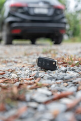 Lost car keys on the ground, Car keys dropped on the floor or fall lying on the street home front. Walking Away From Lost Car Key, can not transport, express, rush time, wast time, emergency